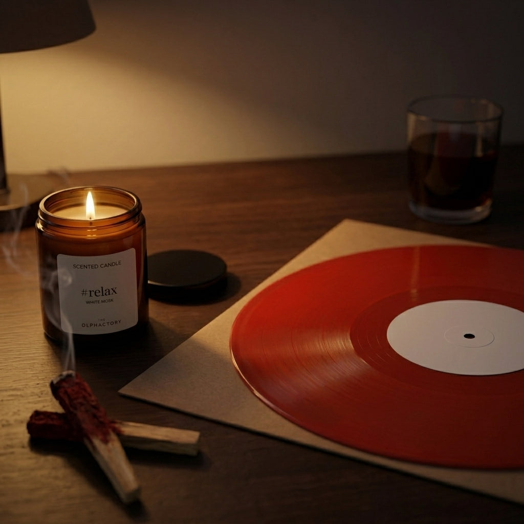 Vinyl-Set After Hours: farbige Schallplatte, brennende Duftkerze und rauchendes Palo Santo im warmen Lampenlicht bei Nacht