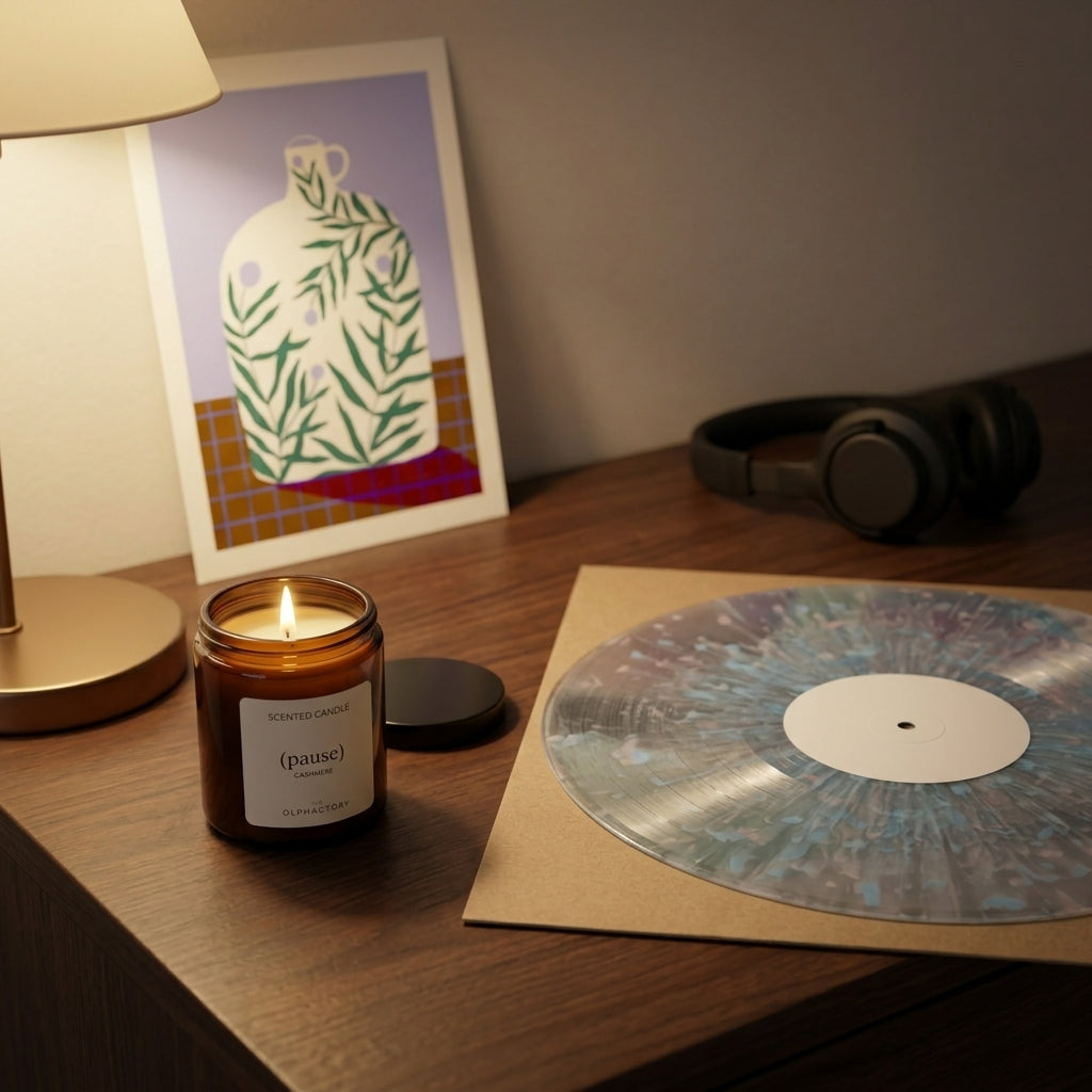 Vinyl-Set Deep Cut: farbige Schallplatte, Kunstdruck mit Vase und brennende Duftkerze im warmen Licht einer Leselampe