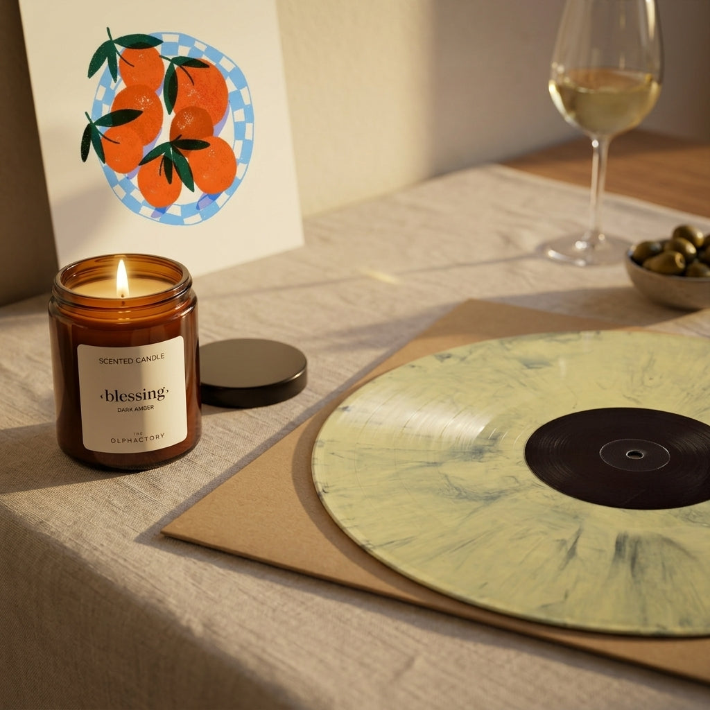 Vinyl-Set Golden Hour: farbige Schallplatte, Kunstdruck mit Orangen und brennende Duftkerze auf einem gedeckten Tisch im Abendlicht