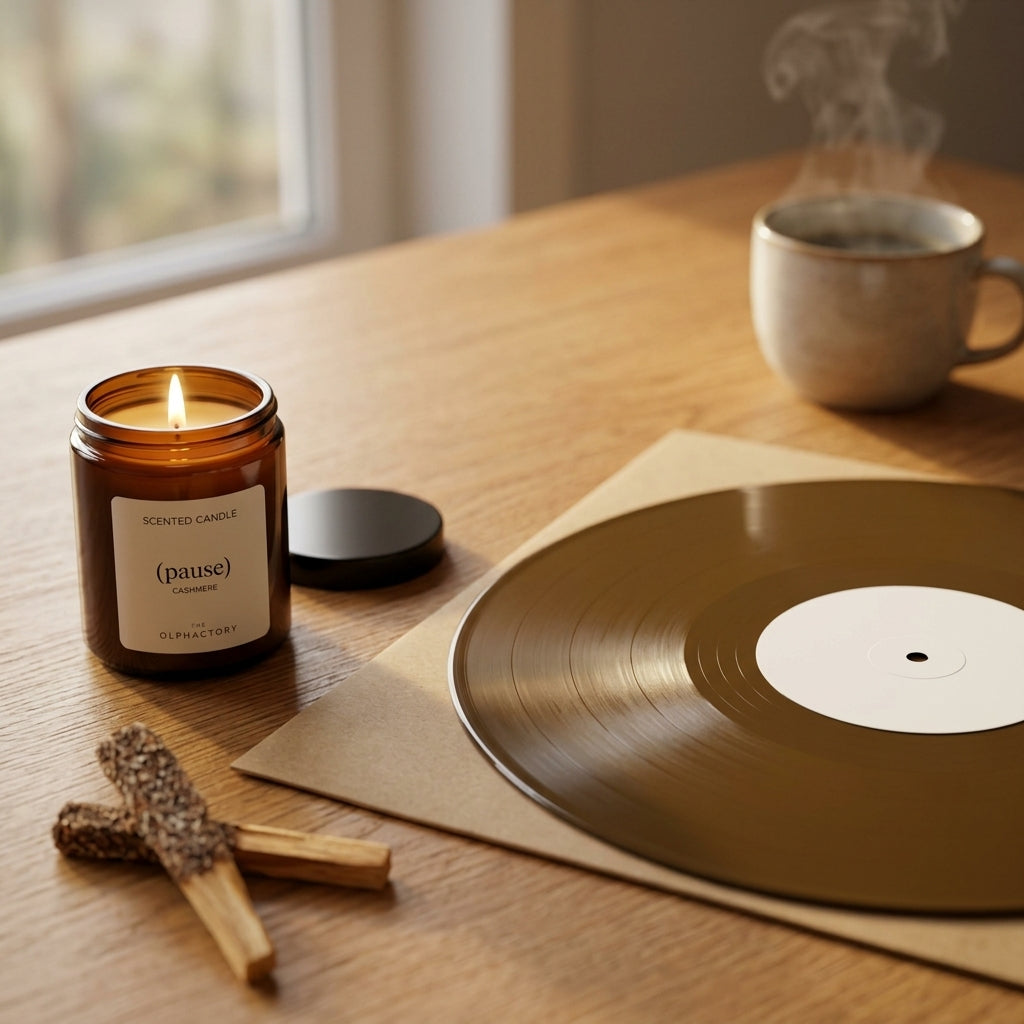 Vinyl-Set Sunday Reset: farbige Schallplatte, brennende Duftkerze und Palo Santo auf einem Holztisch im Morgenlicht