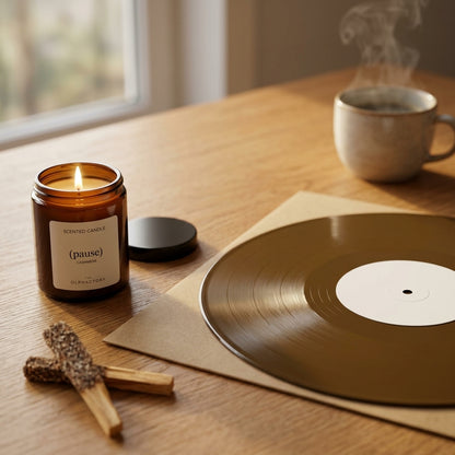 Vinyl-Set Sunday Reset: farbige Schallplatte, brennende Duftkerze und Palo Santo auf einem Holztisch im Morgenlicht